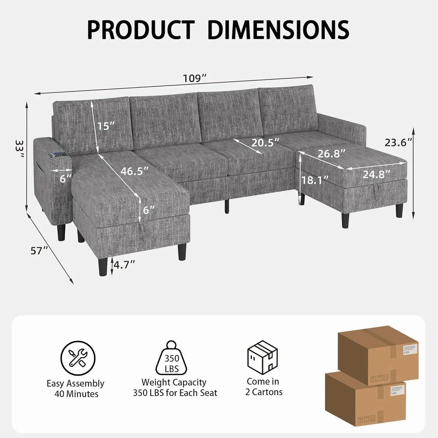 Light Grey 4 Seat Reversible Chaise Sectional Sofa from PriceLows™