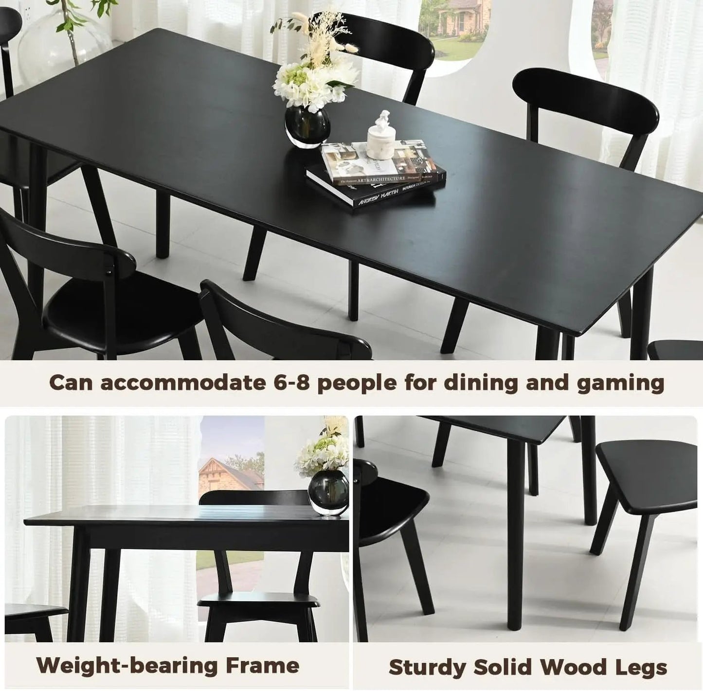 70 Inch Black Solid Oak Dining Table For 6 To 8 People from PriceLows™