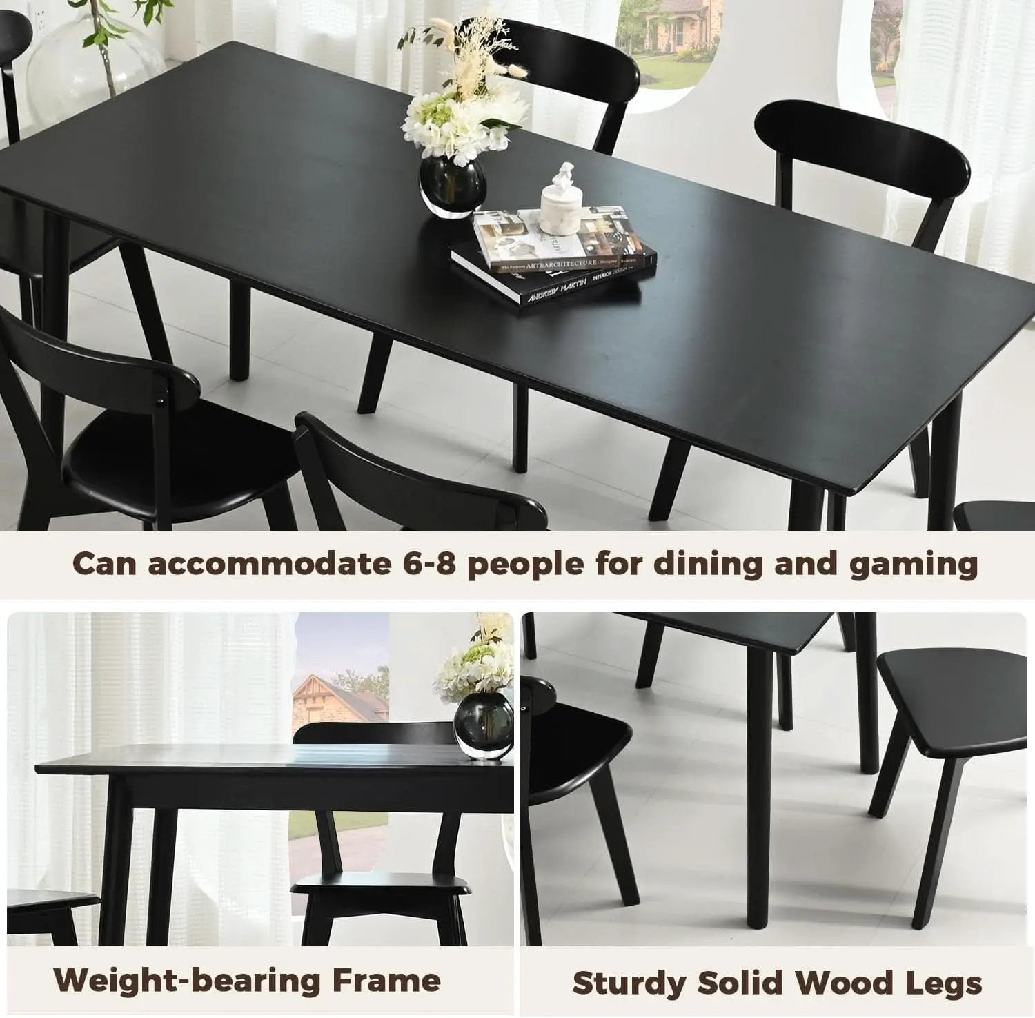 70 Inch Black Solid Oak Dining Table For 6 To 8 People from PriceLows™