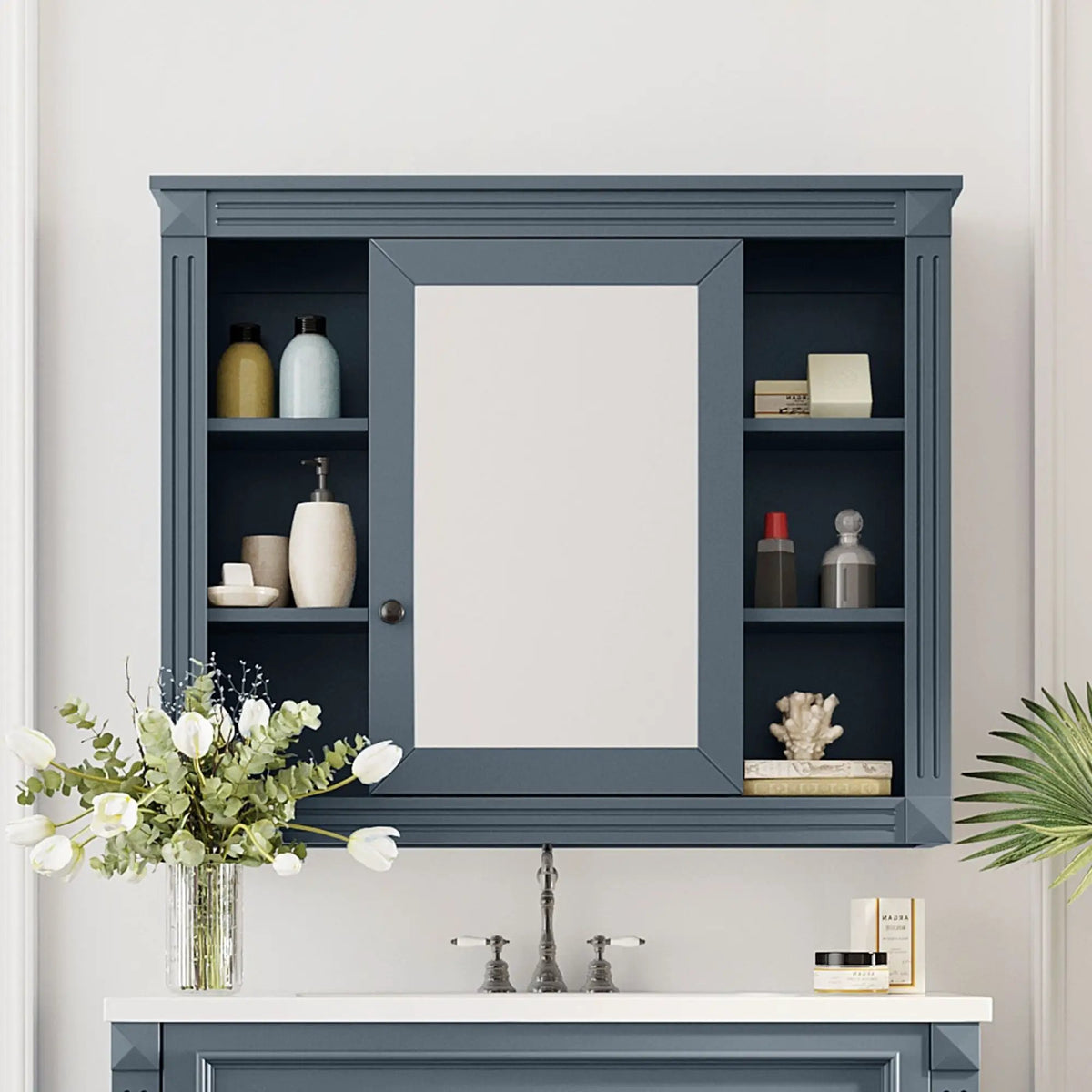Bathroom Storage Cabinet With Mirror | 6 Open Shelves | Vintage Handle | Adjustable Interior