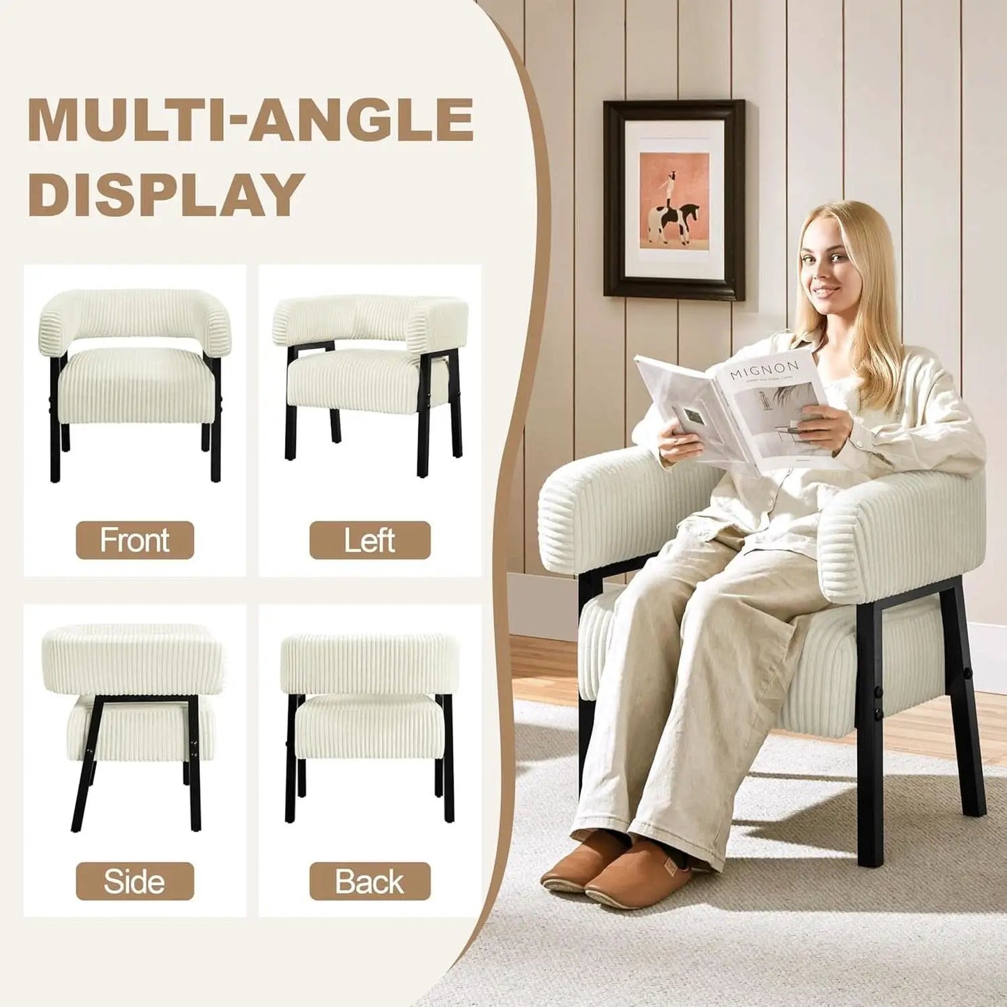 Beige Corduroy Barrel Chair Set Of 2 With Wood Legs from PriceLows™