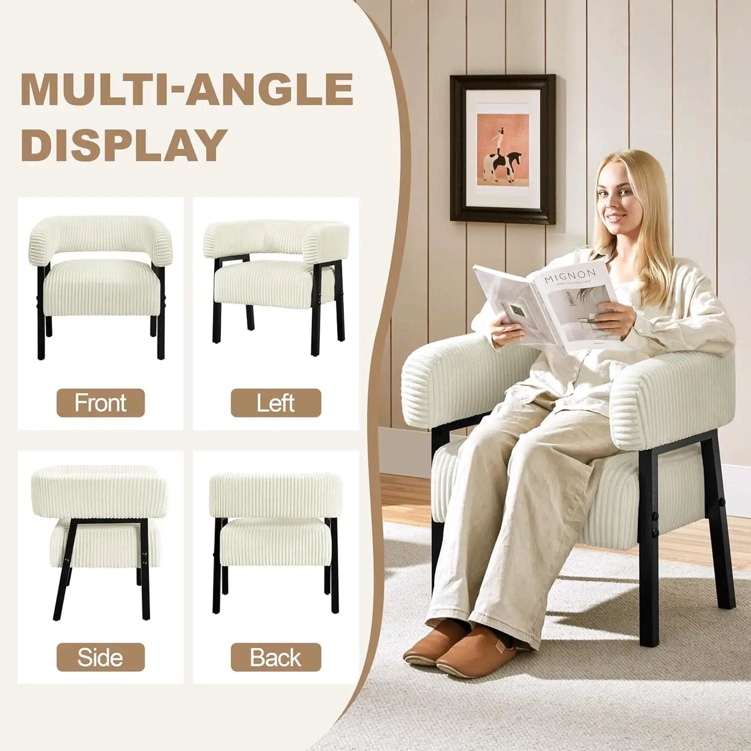 Beige Corduroy Barrel Chair Set Of 2 With Wood Legs from PriceLows™