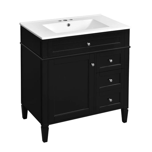 30 Inch Bathroom Vanity With Top Sink | 2 Drawers | Tip-Out Drawer | Vintage-Inspired Handles