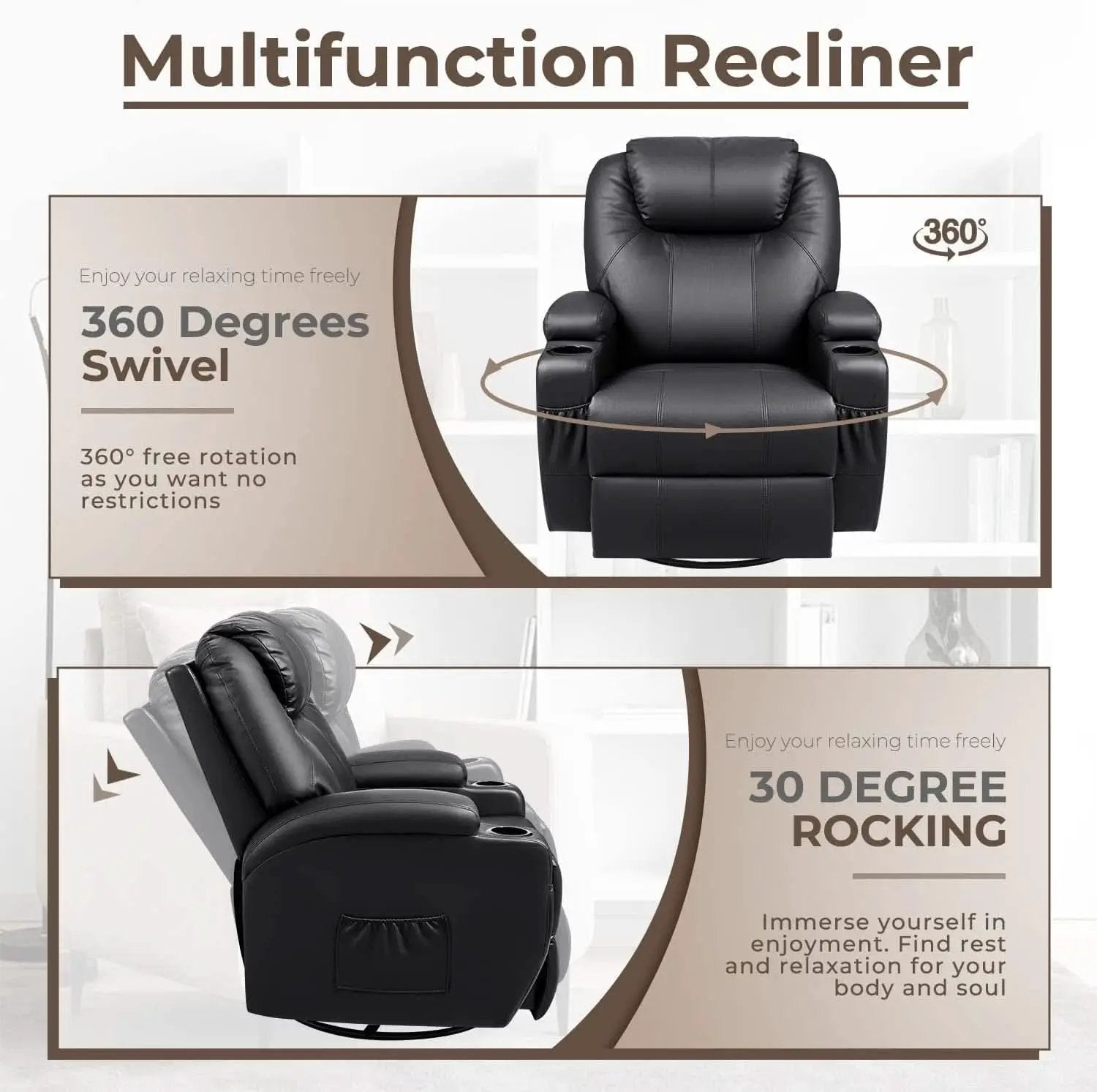 Leather Rocking Recliner With Massage And Heat Swivel from PriceLows™
