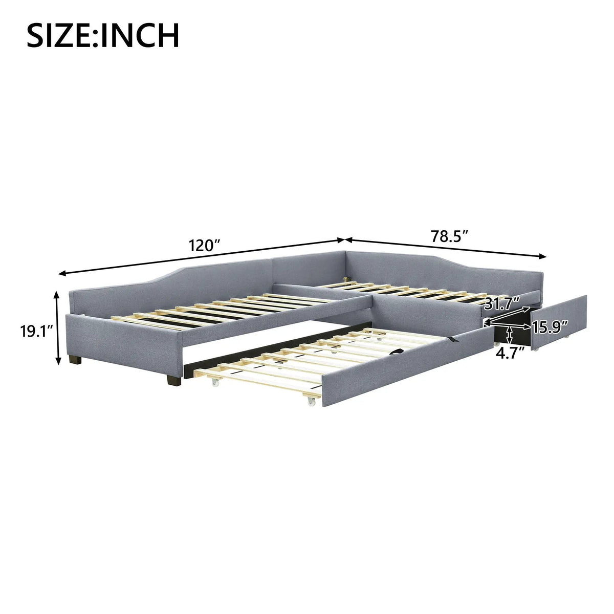 Upholstered Double Daybed | Trundle And Drawer | Two Twin Beds | 120 Inch Length