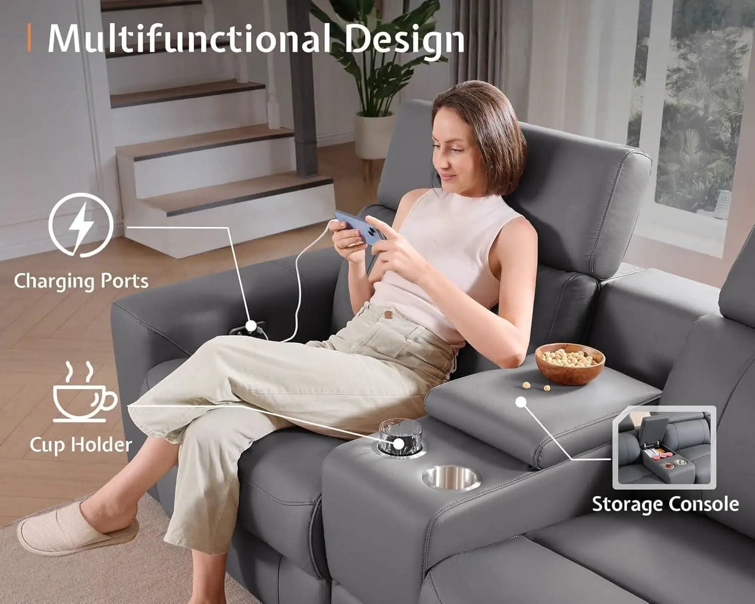 Grey Leather Power Recliner Sofa With Center Console from PriceLows™