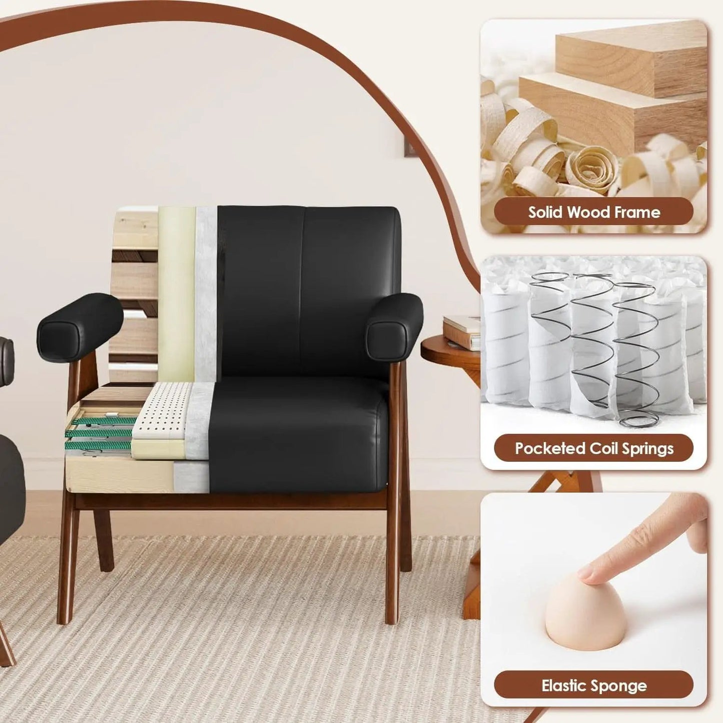 Mid Century Black Leather Upholstered Armchairs Pair from PriceLows™