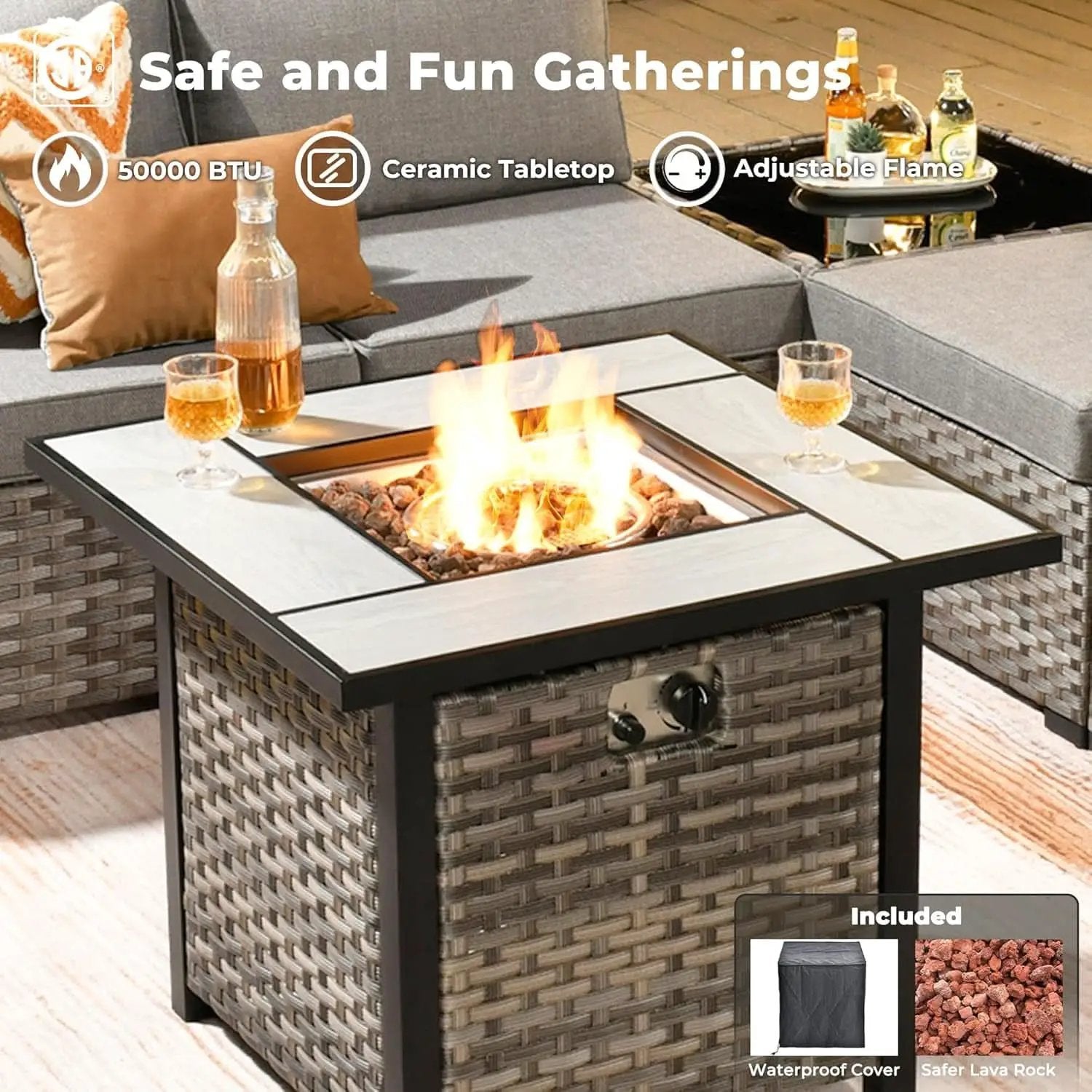 Modular Outdoor Wicker Sofa Set with Fire Pit from PriceLows™