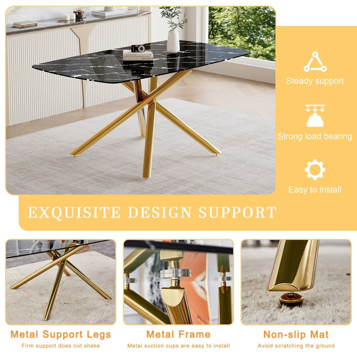 Luxurious Marble Patterned Dining Table With Metal Fork Legs | 63 x 35.4 x 30 in | Marble & Tempered Glass | Dining Room
