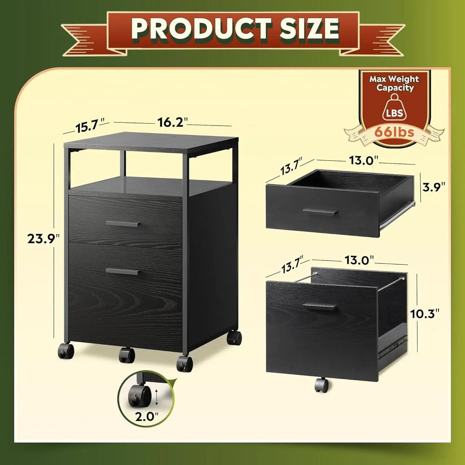 2 Drawer Mobile File Cabinet With Open Storage Shelf Black from PriceLows™