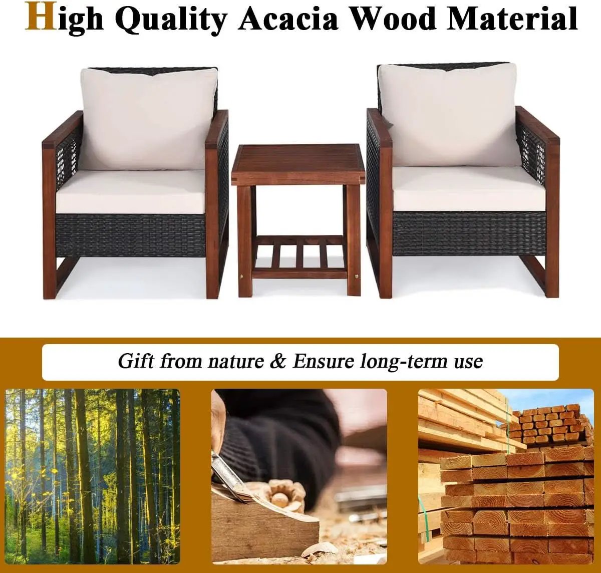 3 Piece Patio Wicker Furniture Set With Beige Washable Cushions And Acacia Wood Coffee Table from PriceLows™