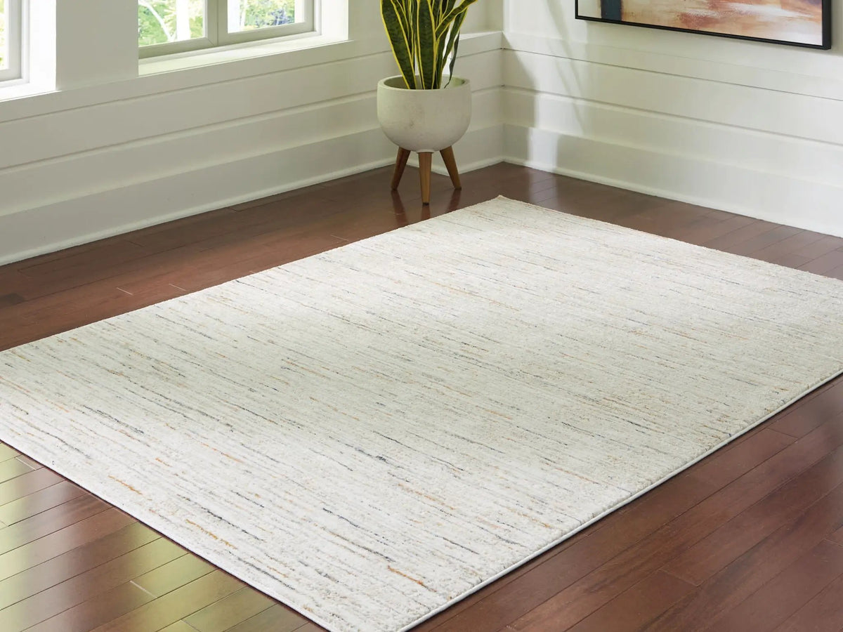 Harjot Area Rug | 94 x 120 Inch | Stripe Design | Cream Tan Gray Blue And Sienna