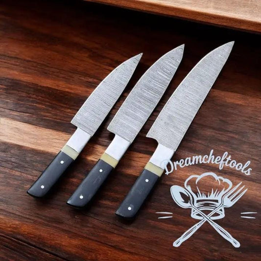 Premium Damascus Cooking Knife Set Handmade Buffalo Horn & Steel Bolster with | 13 Inch | Damascus Steel | Kitchen Knives Set