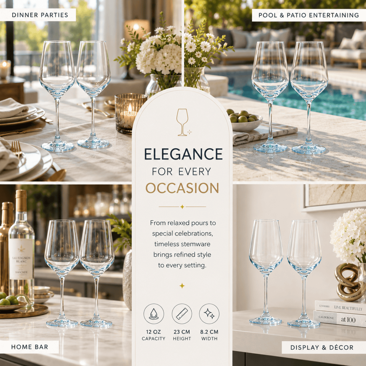 Monet Stemmed Wine Glassware, Blue (Style 2) | 12 oz | Set of 2 | Entertaining