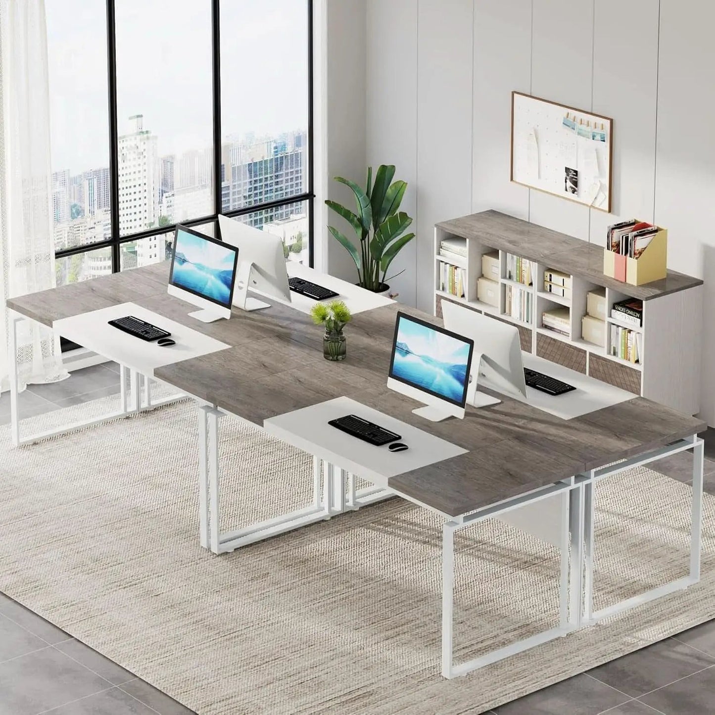 63 Inch L Shaped Desk Gray White With Reversible File Cabinet from PriceLows™