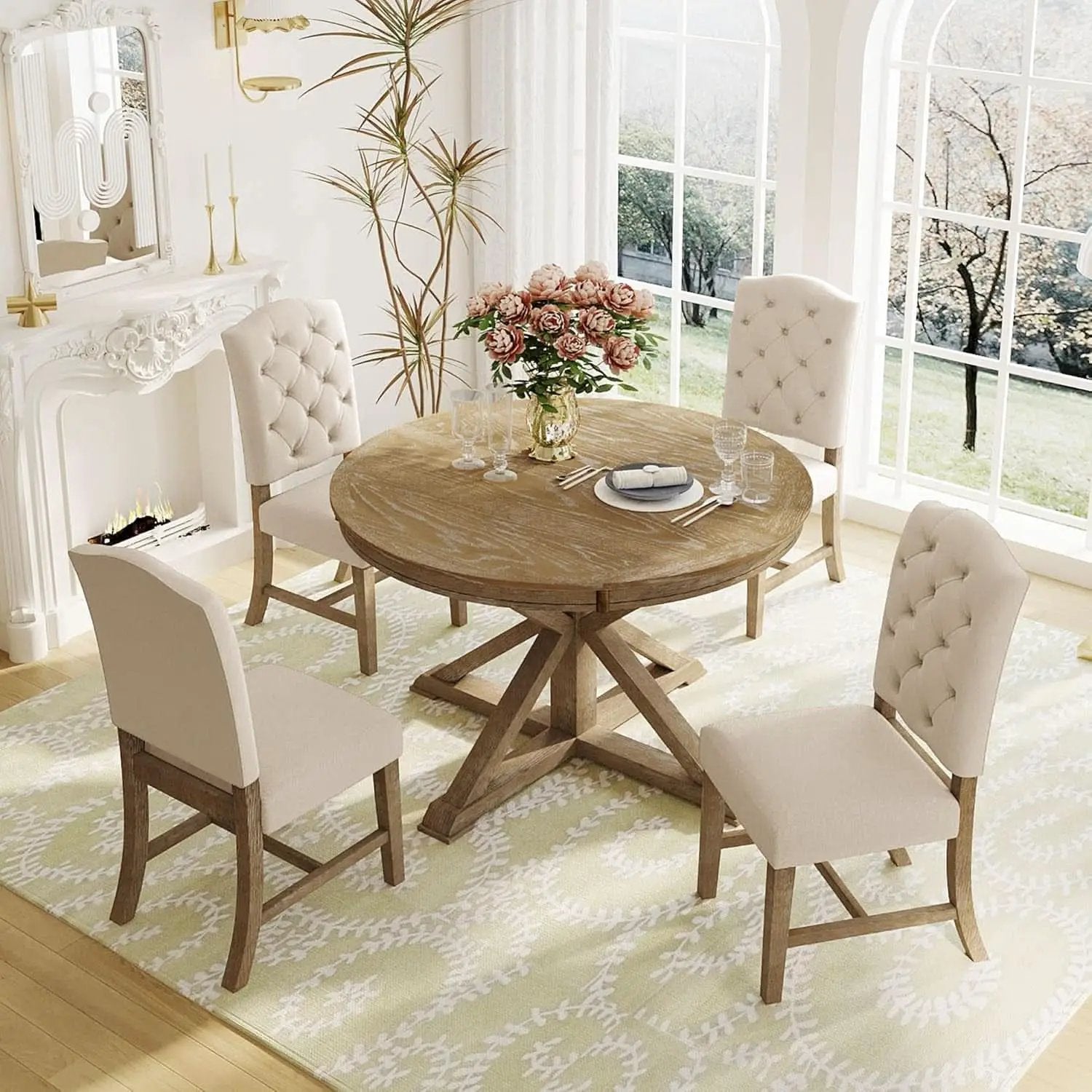 Circular Solid Wood DiningTable Set Four Extendable from PriceLows™