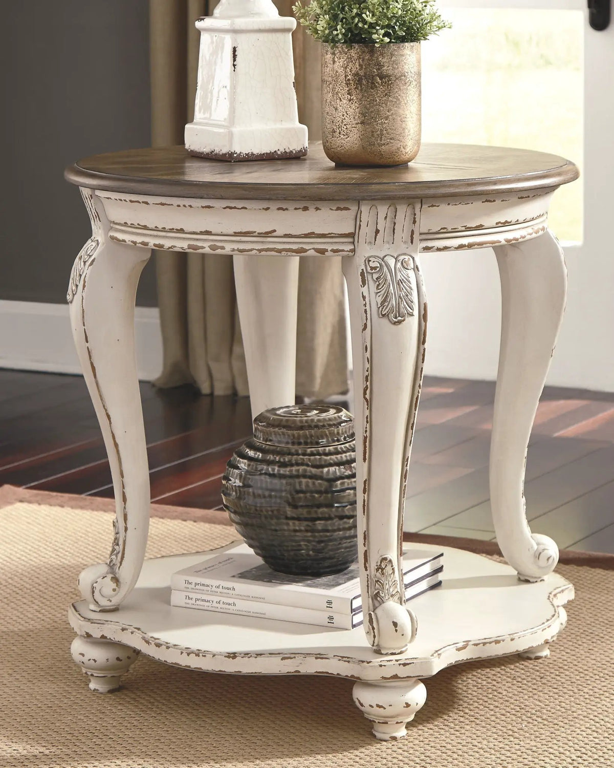 Realyn Round End Table | White And Brown | Antiqued Two-Tone Finish | Ash Veneer