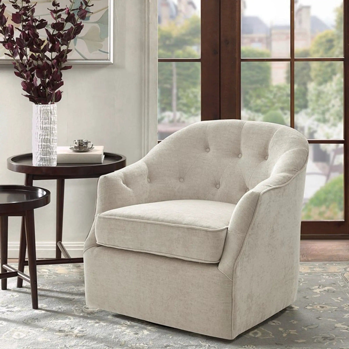 Calvin Swivel Chair With 360 Degree Rotation | 31.85 x 30.3 x 29.73 in | Solid Wood & Metal | Beige