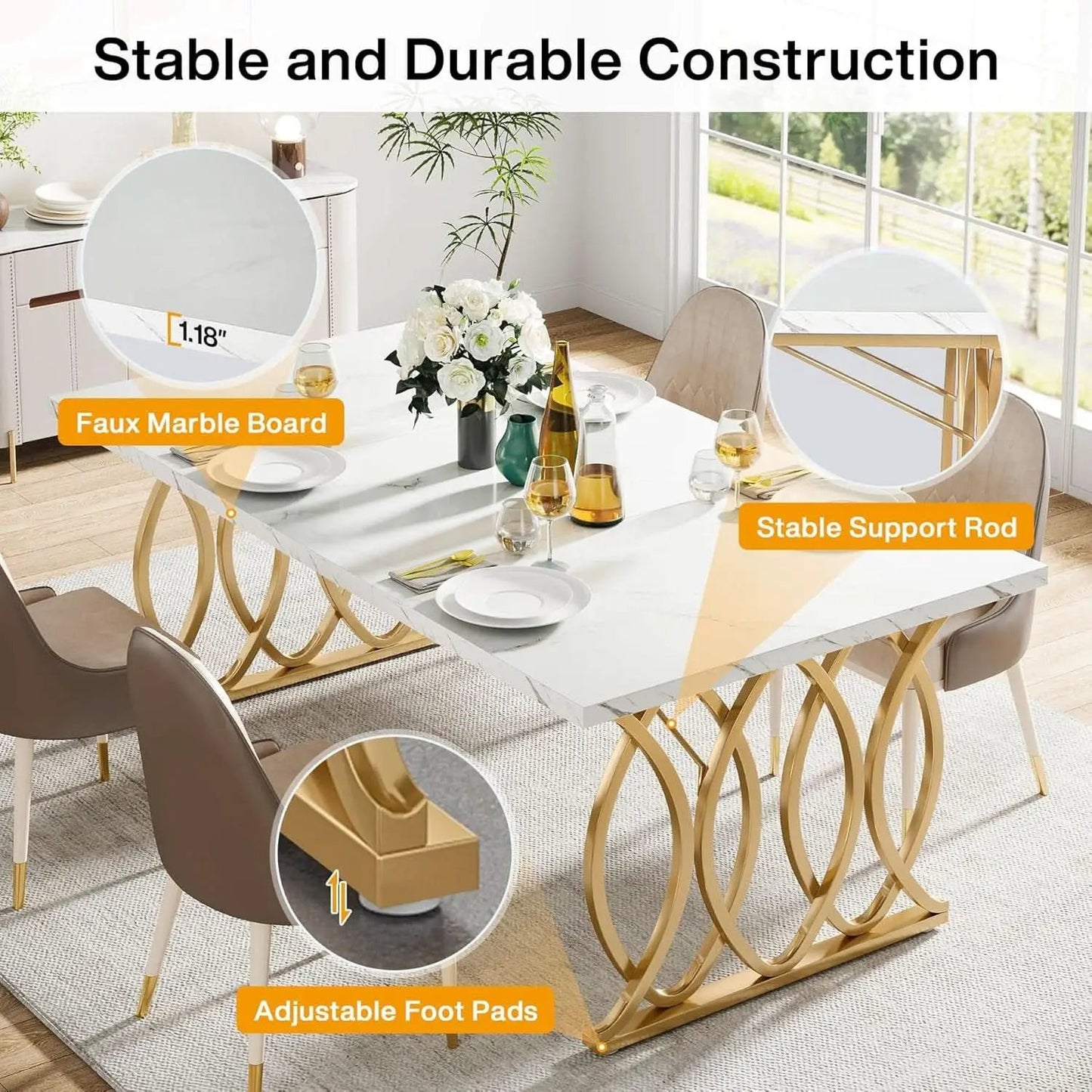 63 Inch Dining Table With Faux Marble Top For Kitchen And Dining Room from PriceLows™