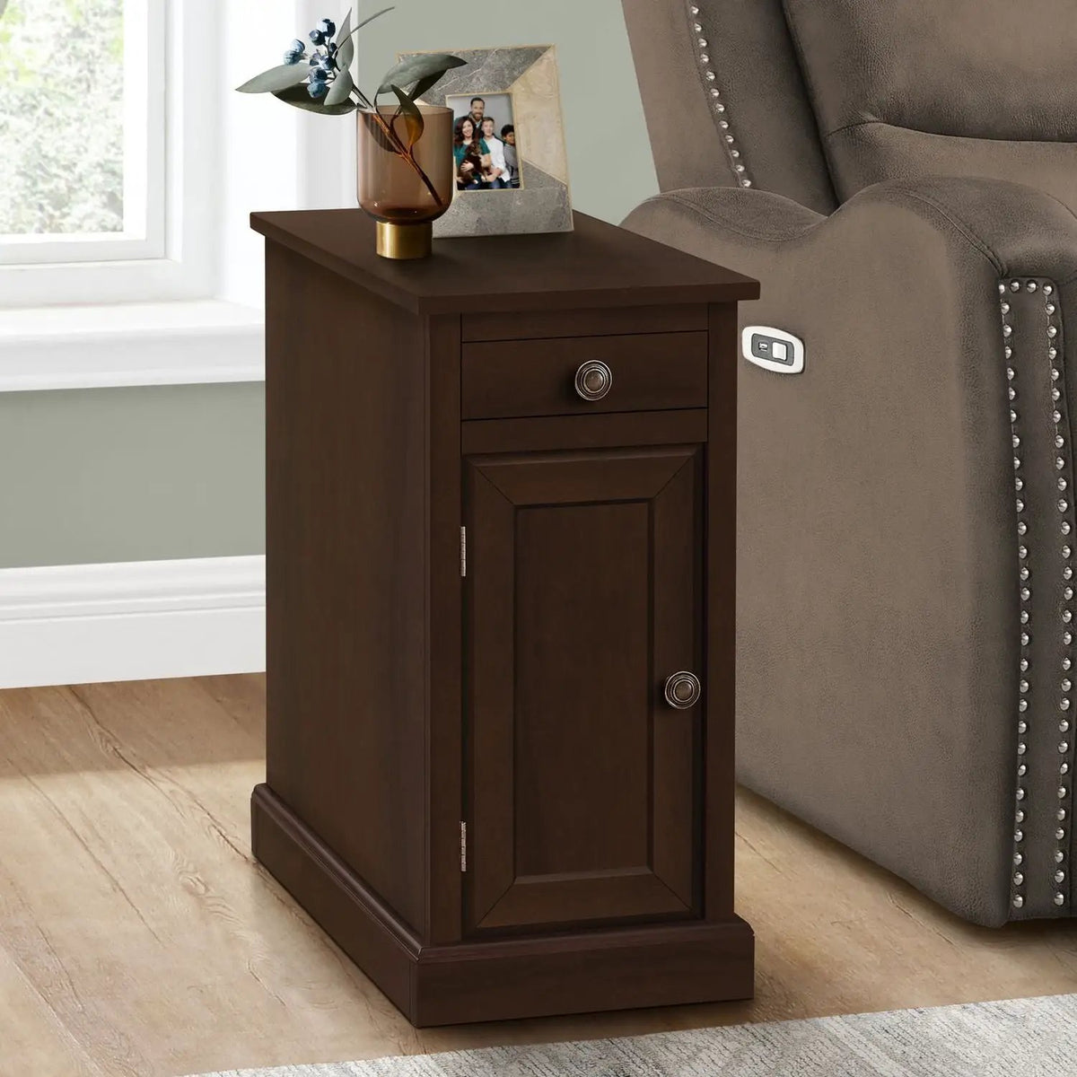 Accent End Table | Storage Drawer | Closed Cabinet | Espresso