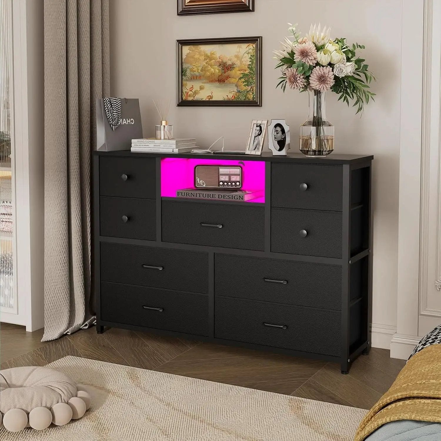 Charcoal Nine Drawer Wardrobe TV Stand With LED Lighting from PriceLows™