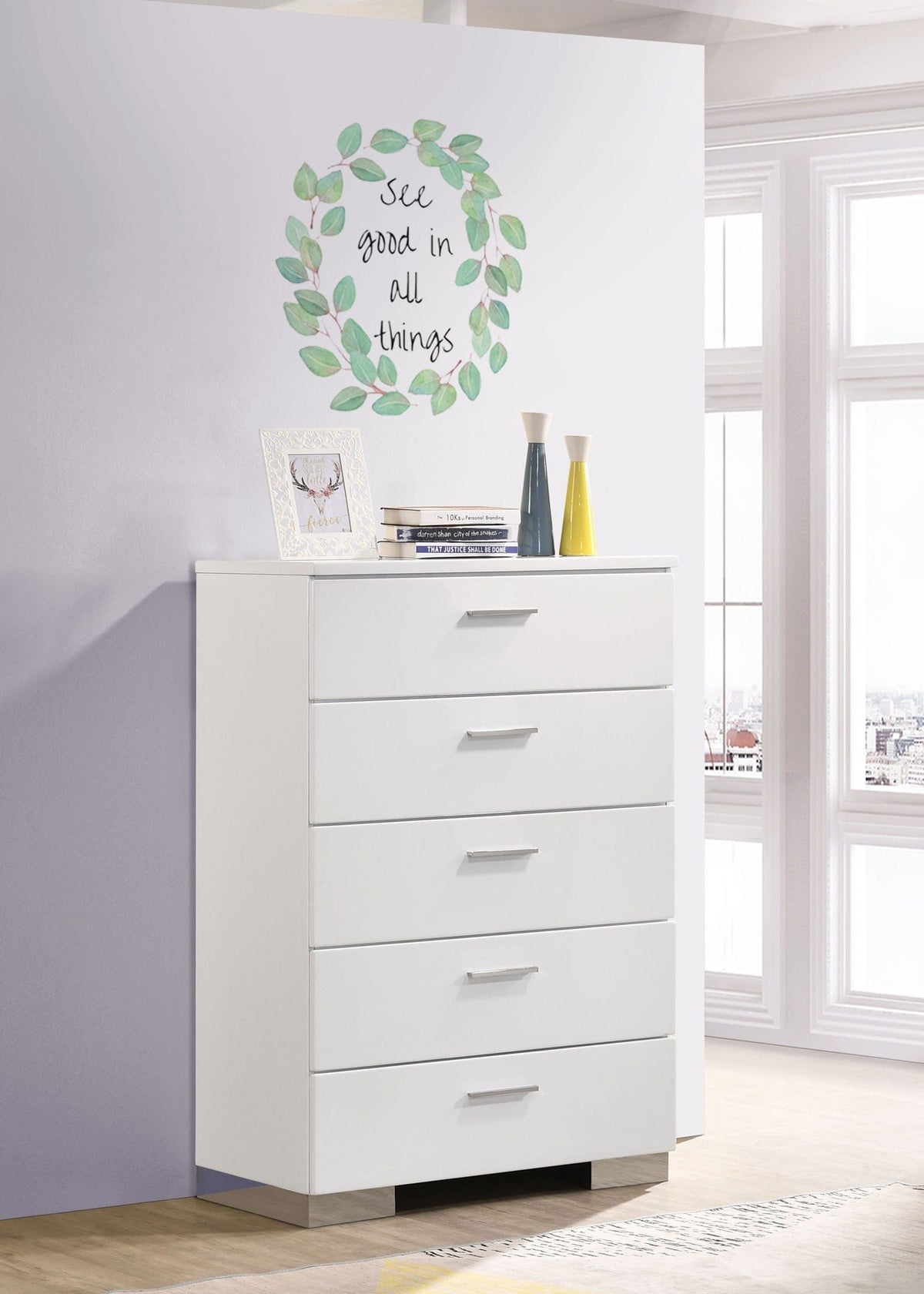 Felicity 5-drawer Bedroom Chest White High Gloss | 35 x 17.75 x 51 in | Metal | Bedroom