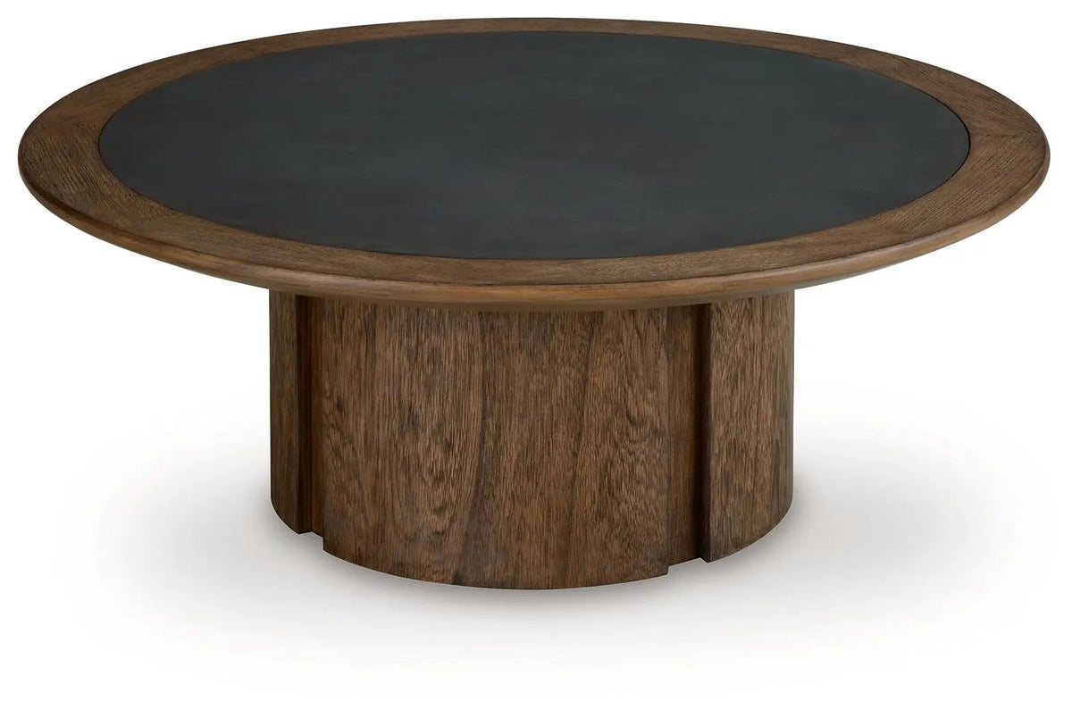 Dontayne Round End Table | Faux Cement Top | Warm Wood-Tone Finish | 24 Inch Diameter
