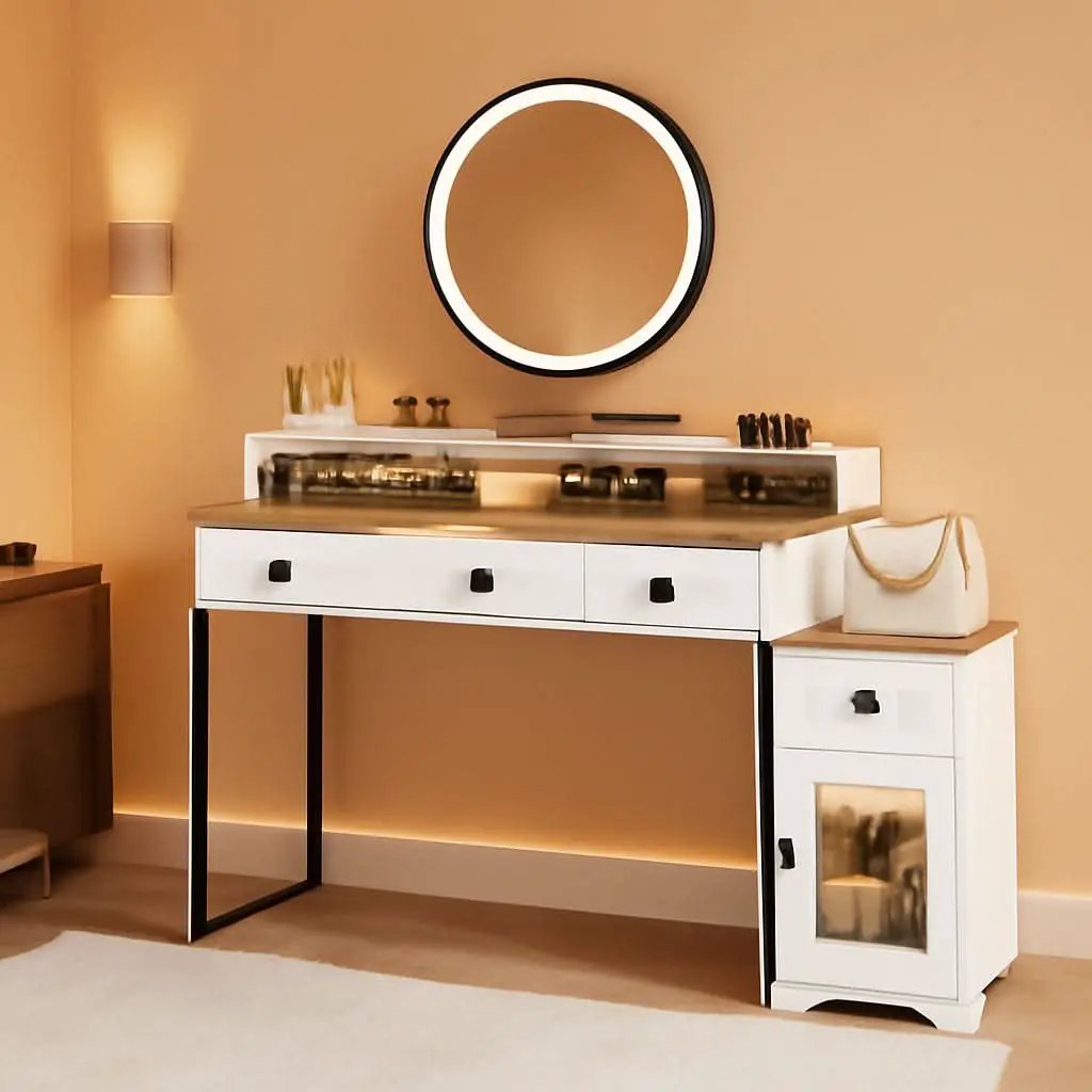 White Corner Vanity Mirror With Built In Charging Station from PriceLows™