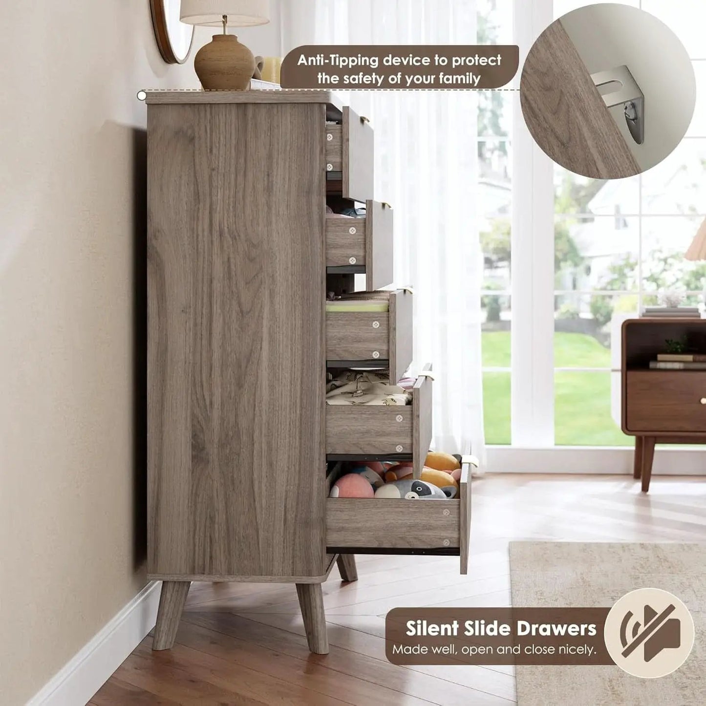 Grey Fluted Contemporary Five Drawer Bedroom Dresser from PriceLows™