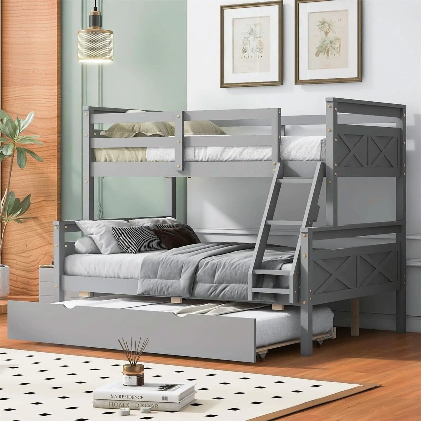 Grey Trundle Bunk Bed Twin Over Full With Guardrail from PriceLows™