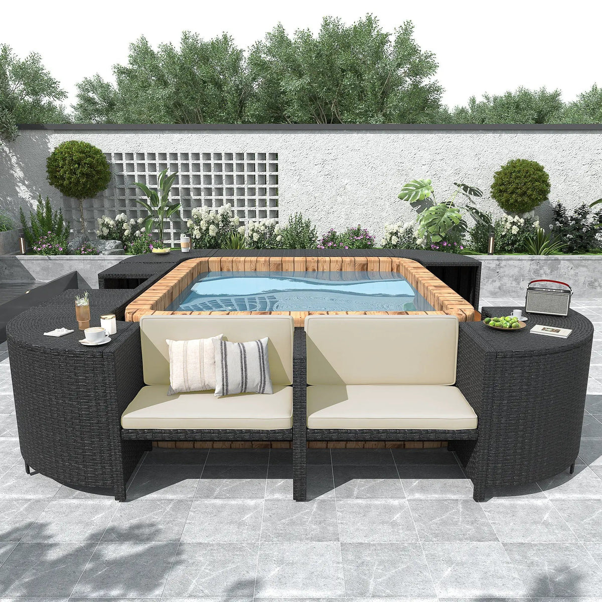 Outdoor Spa Surround Sofa | Rattan And Steel | Waterproof Cushions | 4 Piece