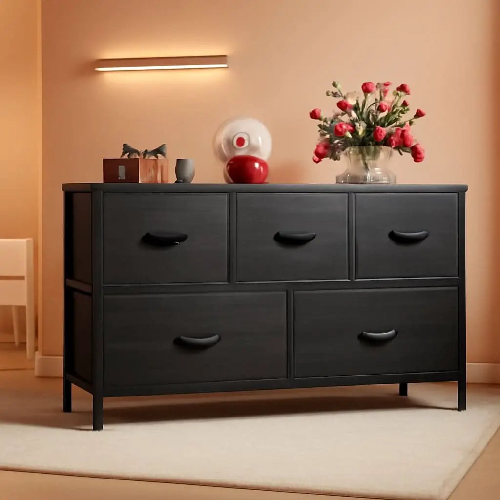 Charcoal Black Wood Grain Dresser With 5 Drawers And Fabric Bins from PriceLows™