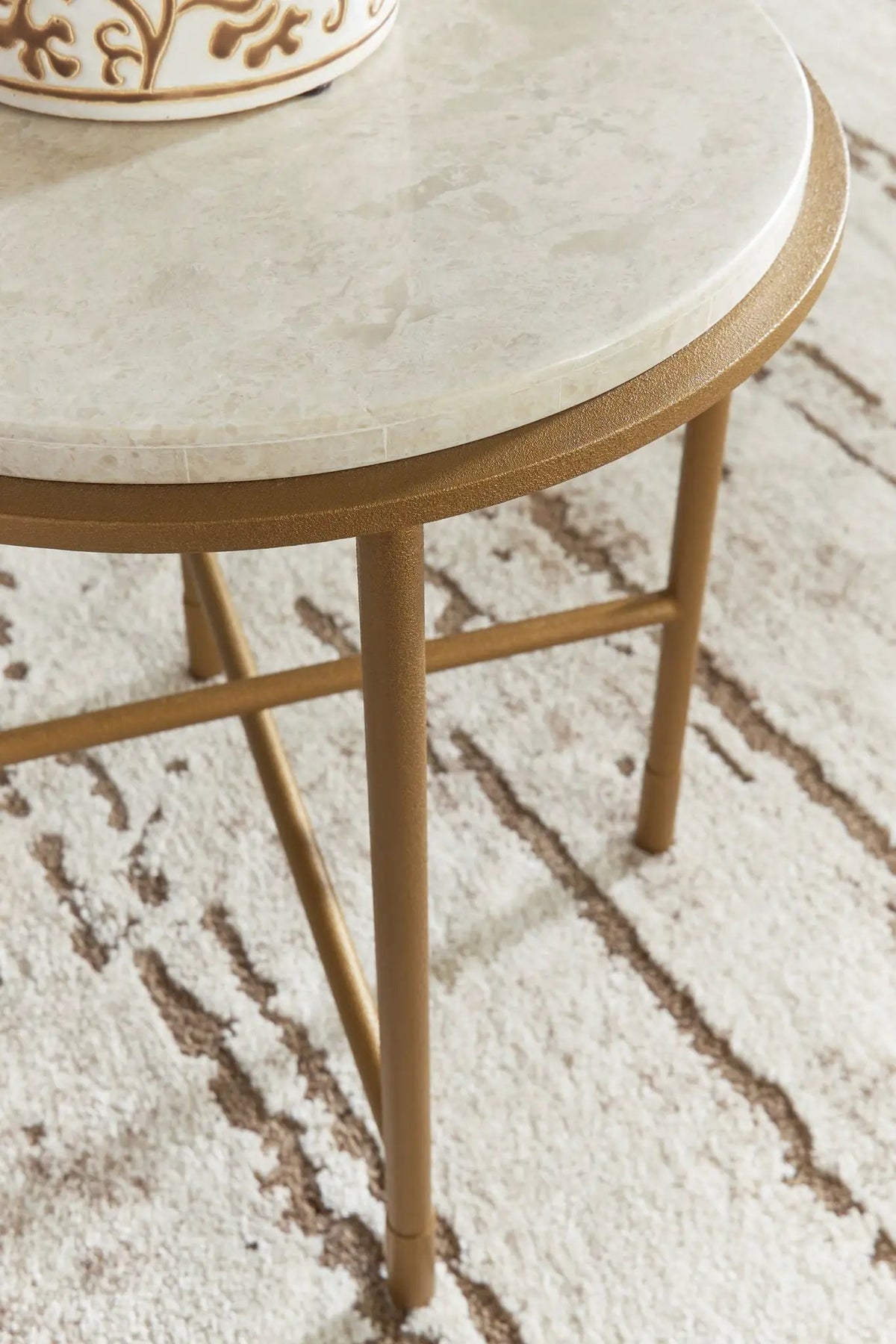 Alben Round End Table | Antiqued Goldtone Metal Frame | Natural Marble Top | 20.5 Inch Diameter