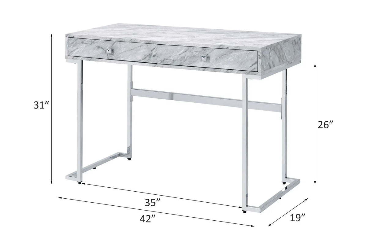 Tigress Writing Desk | Printed Faux Marble Top | White Engineered Stone Look | Two Storage Drawers