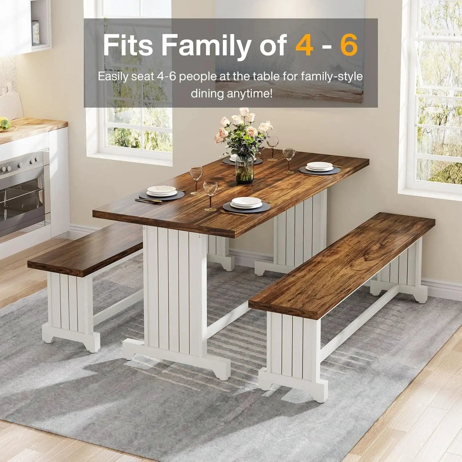 47 Inch Dining Table Set For 4 With 2 Benches Farmhouse White And Rustic Brown from PriceLows™