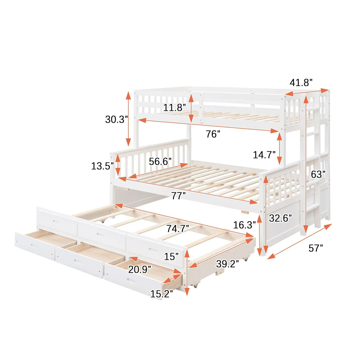 Bunk Bed | Twin Size | Rolling Trundle | Storage Drawers