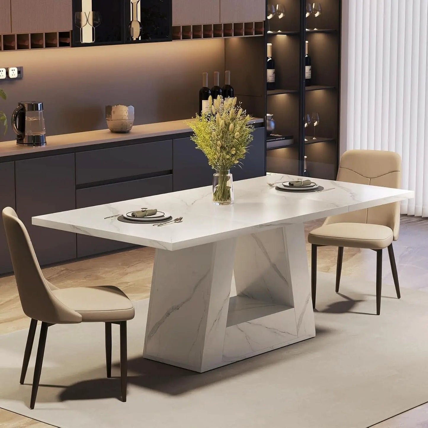 63 Inch White Faux Marble Dining Table Rectangular from PriceLows™