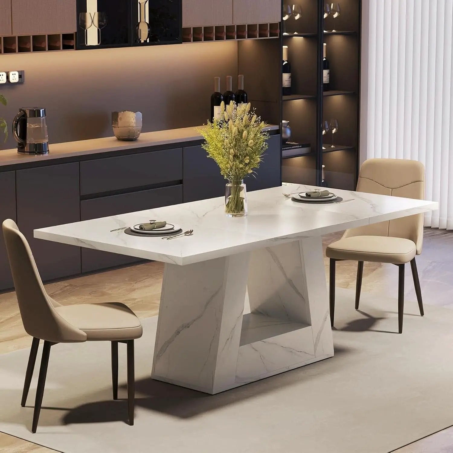 63 Inch White Faux Marble Dining Table Rectangular from PriceLows™