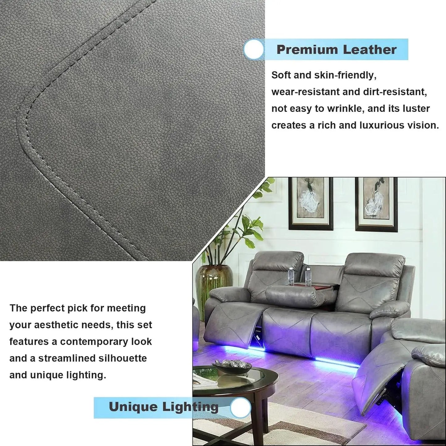 Power Leather Recliner Sofa Set, 2 Piece With LED Lights And USB Ports, Grey from PriceLows™