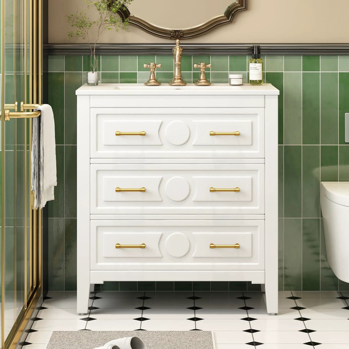 30 Inch Retro Bathroom Vanity | Free Standing Single Set | 3 Drawers | Solid Wood Frame