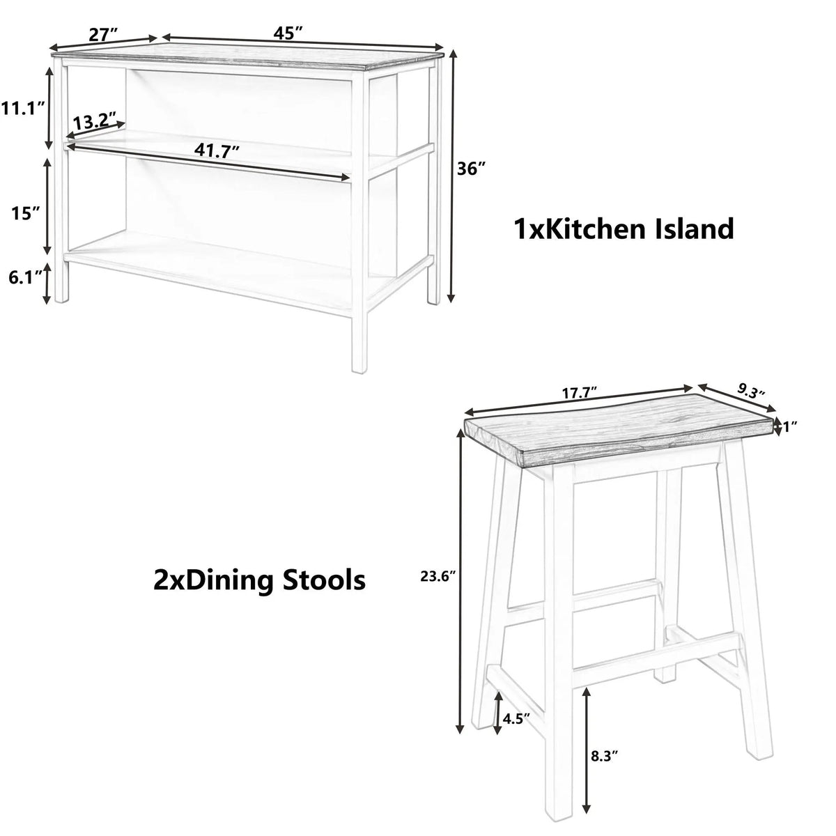 Kitchen Island Set | 3 Piece | Rustic Finish | Solid Rubber Wood