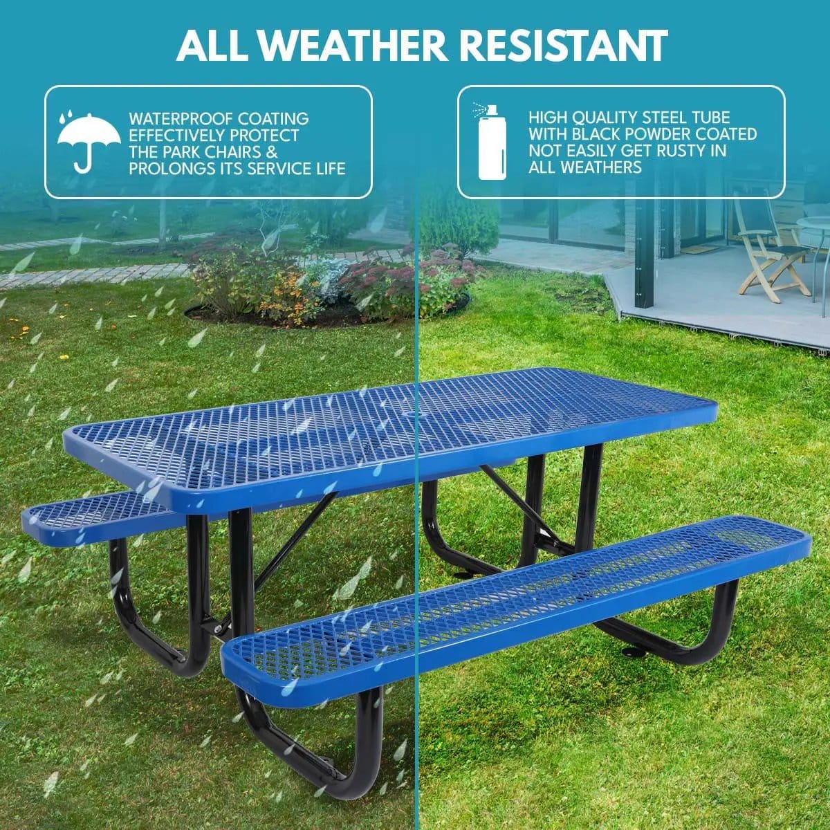 Outdoor Steel Picnic Rectangular Table With Umbrella Pole | 3 Pieces | Steel & Metal | Dining Room
