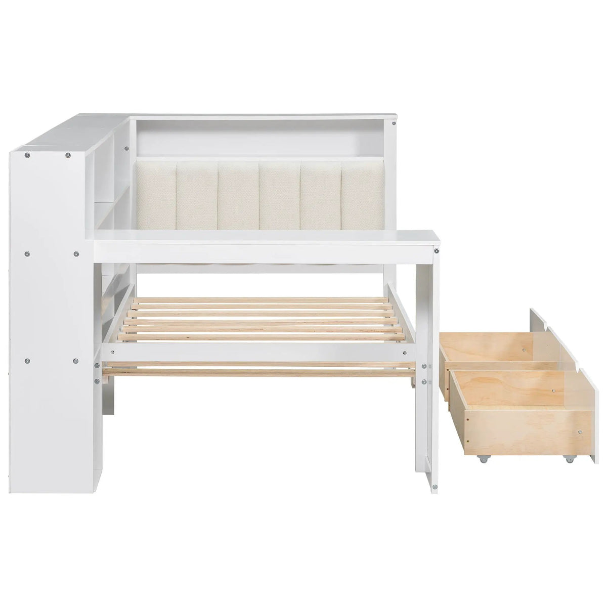 Upholstered Platform Storage Bed | Eight Open Shelves | Two Drawers | LED Lighting And Charging Station