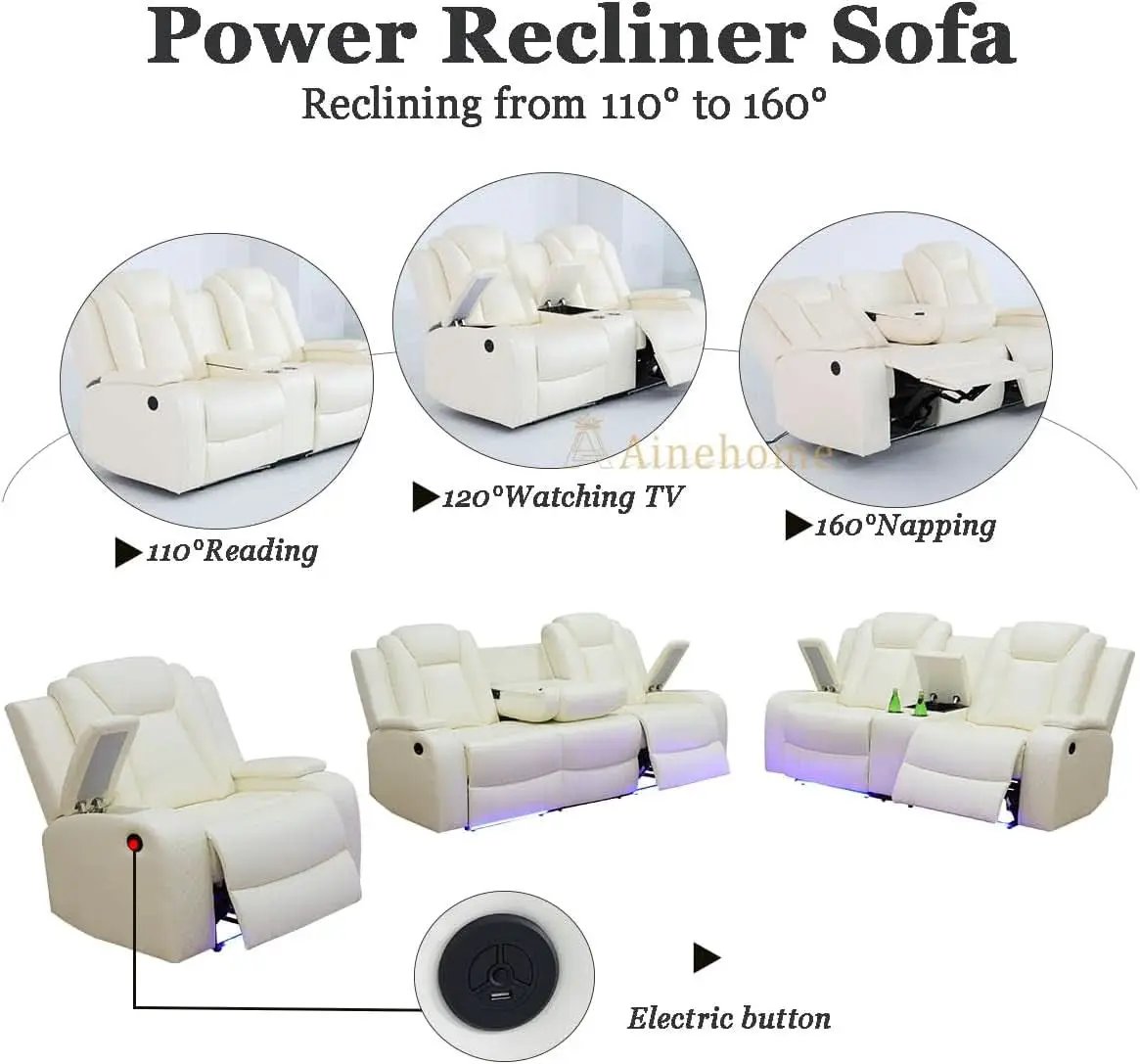 Power Recliner Sofa Set With Wireless Charging Creamy White from PriceLows™
