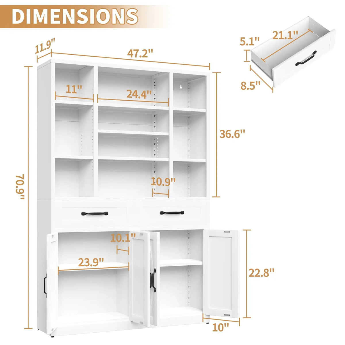 Industrial Bookcase Tall With Adjustable Shelves, Drawers & Doors | 47.2 x 11.8 x 70.9 in | Steel | Home Office