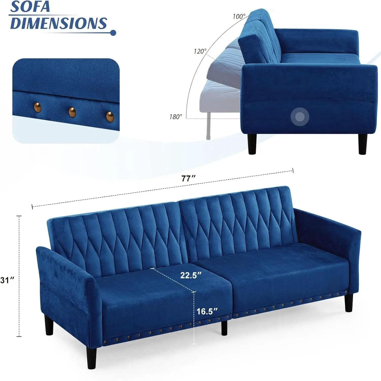 77Inch Velvet Convertible Sofa Bed Featuring Armrests from PriceLows™