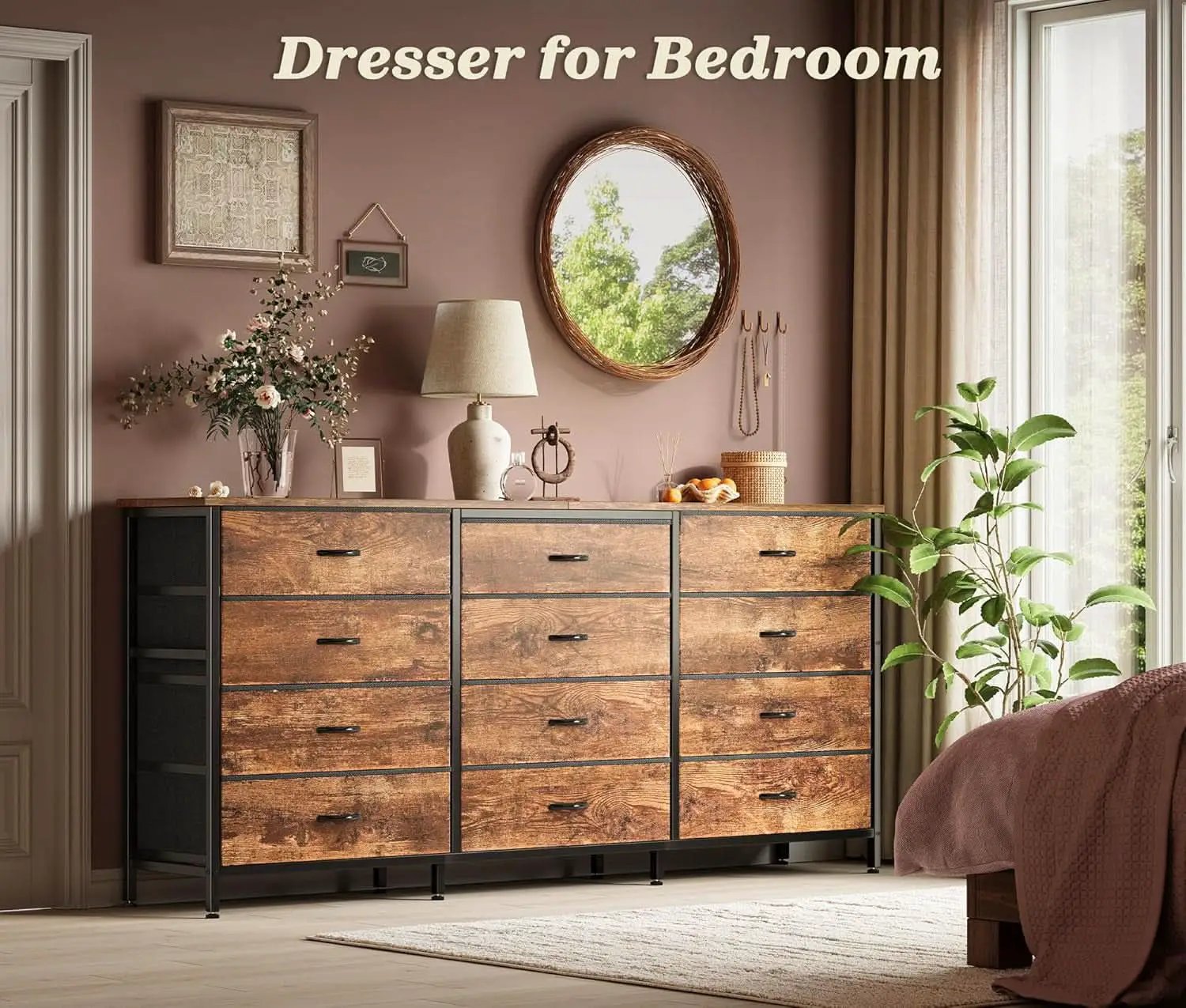 63Inch Dresser With Premium Fabric Drawers RusticBrown from PriceLows™