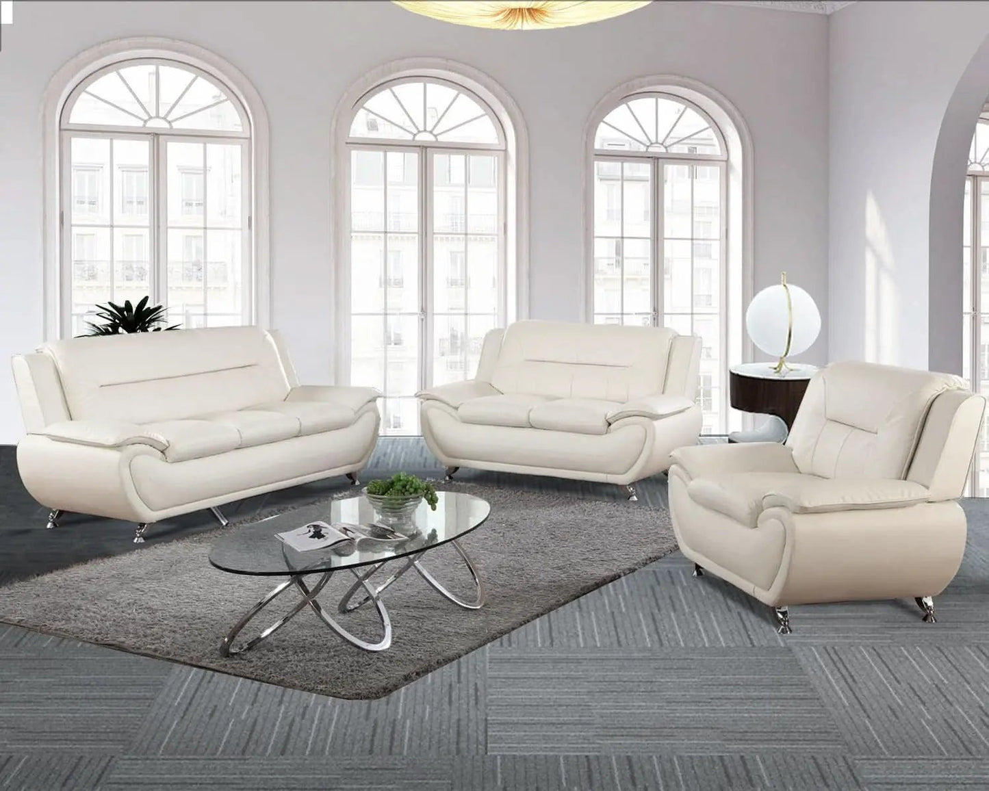 Faux Leather 3 Piece Modern Living Room Sofa Set White from PriceLows™