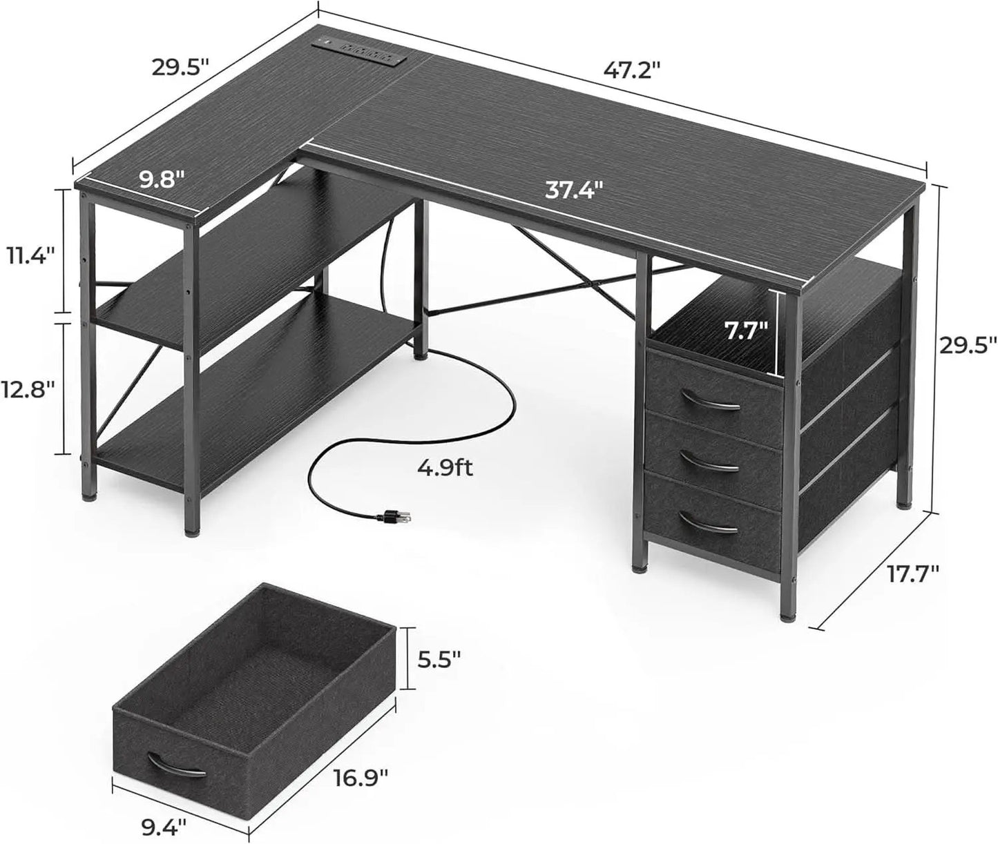 L Shaped Desk 47 Inch With Power Outlets And Ample Storage from PriceLows™