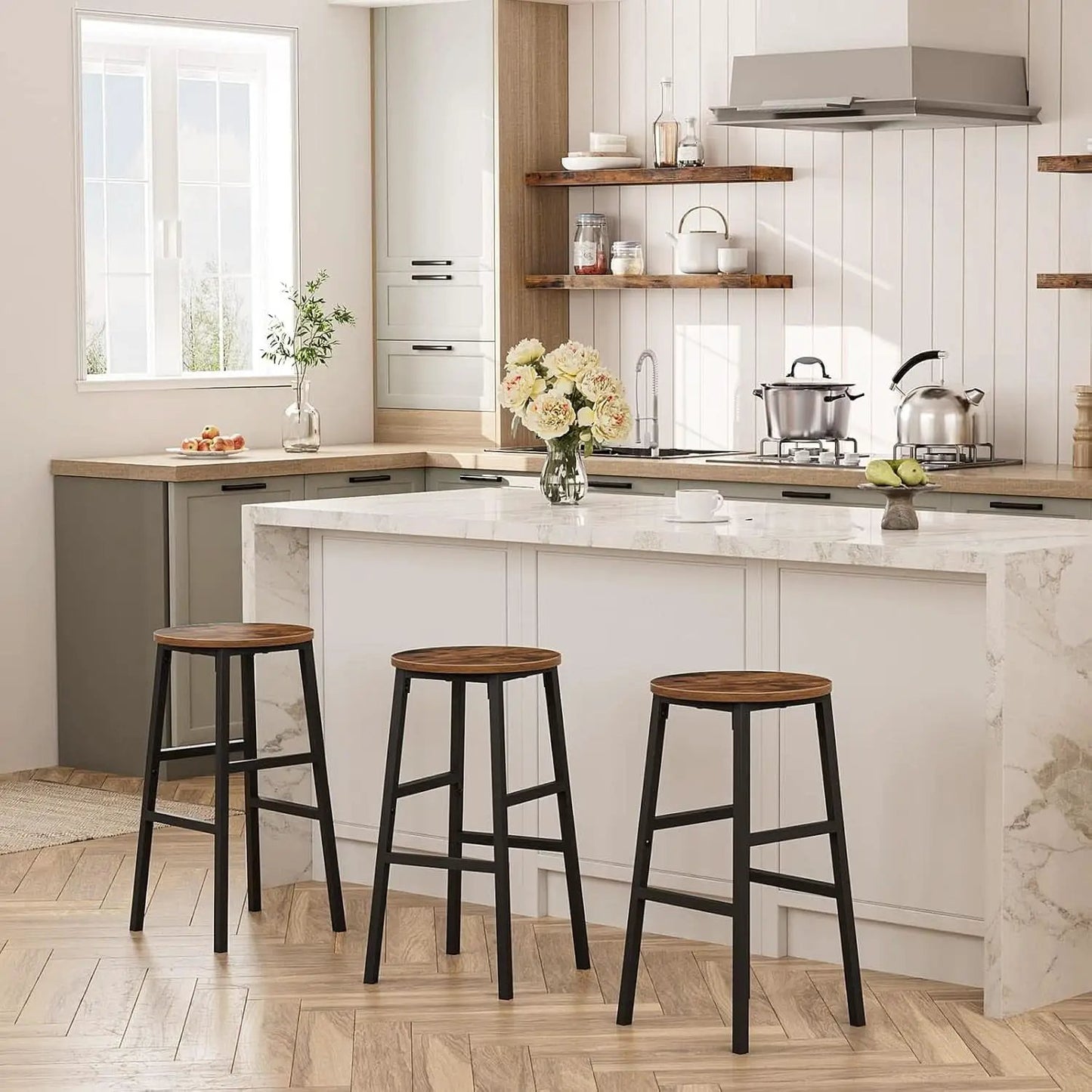 Round Bar Stools Set of 2 With Footrest 24.4 Inch Industrial Rustic Brown from PriceLows™